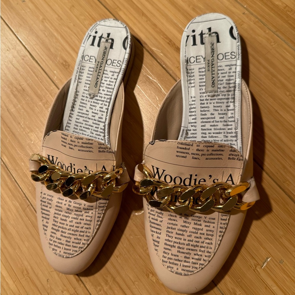 John Galliano Chain Mules, Nude color with newspaper print pattern, Size 36